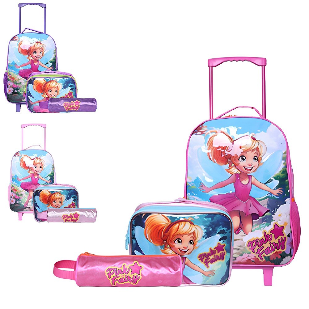 KIT MOCHILA INFANTIL C/ RODA + LANCHEIRA + ESTOJO PINK FAIRY FADA - WINCY