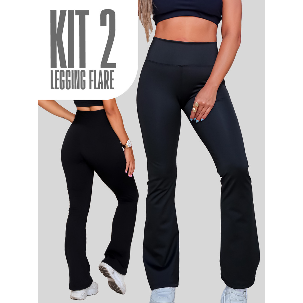 Kit 2 Calças Legging Feminino Flare Fitness Cintura Alta Zero Transparência Yoga Confortável Tecido Premium