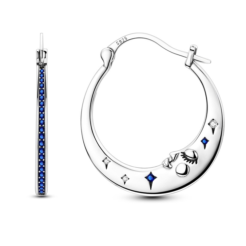 Original 925 Prata Lua Estrela Brincos Feminino Azul Zircão Orelha Studs Espumante Pave Hoop Brinco Jóias Pres