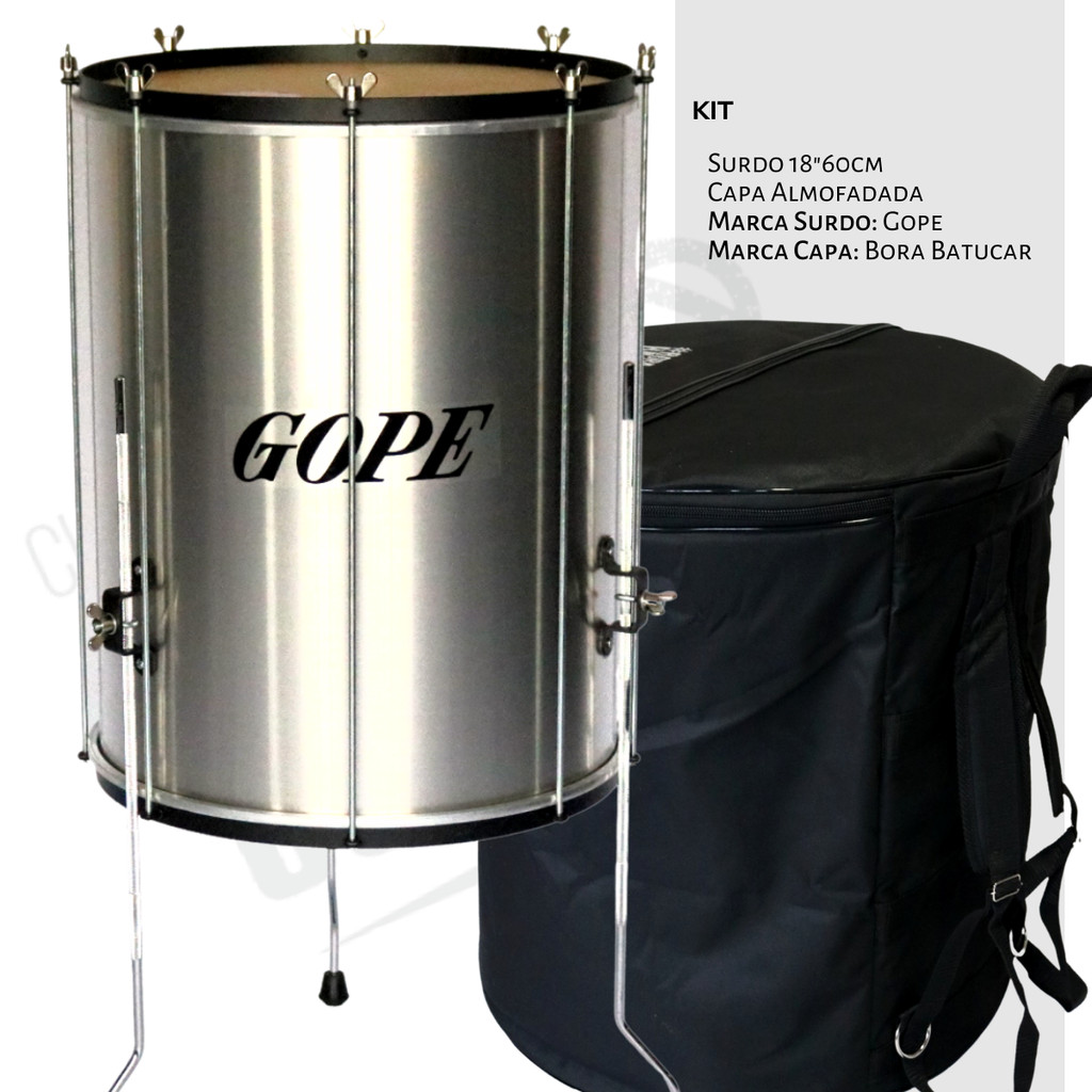 Kit Surdo Gope 18" 60cm Alumínio Cromado com Tripé Pele Couro Animal + Capa Samba Pagode