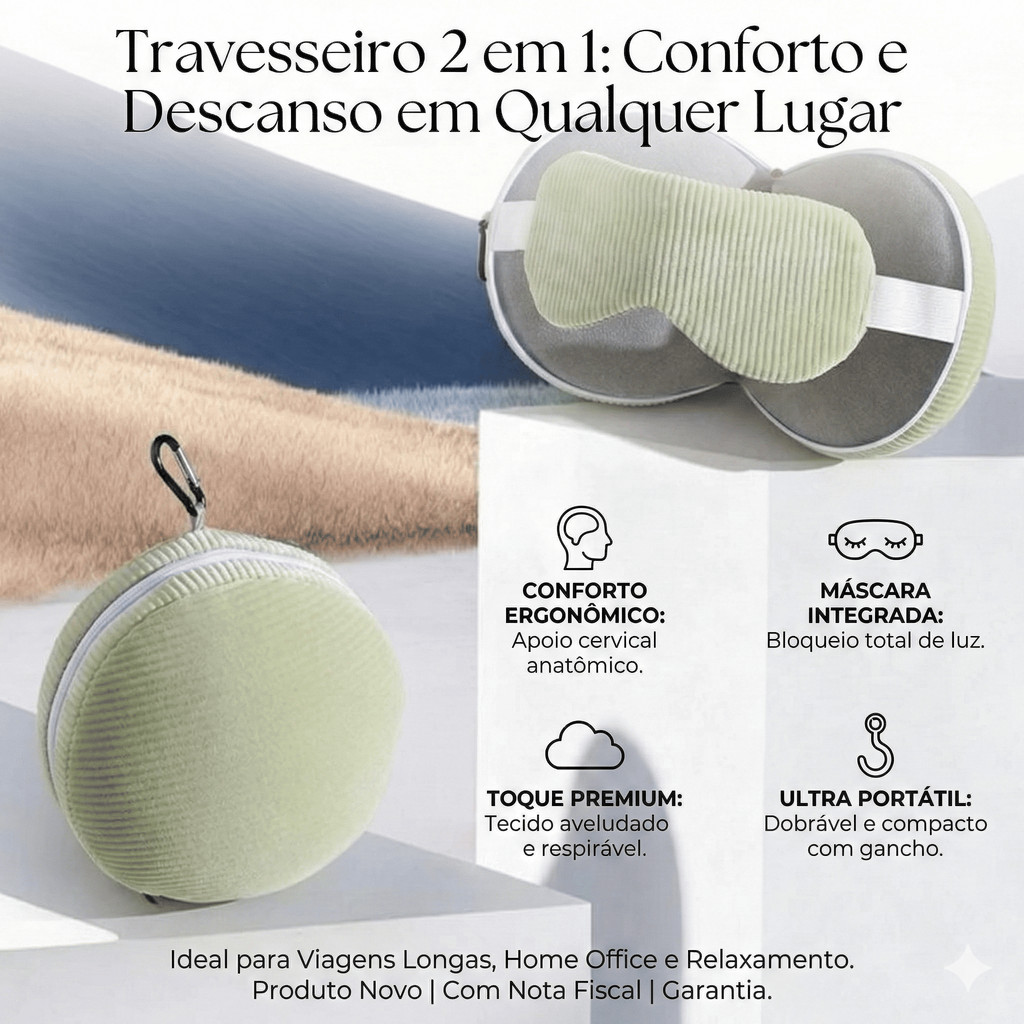 -Travesseiro de Viagem 2 em 1 com Máscara de Dormir – Almofada Ergonômica, Compacta e Confortável em Oferta na Shopee