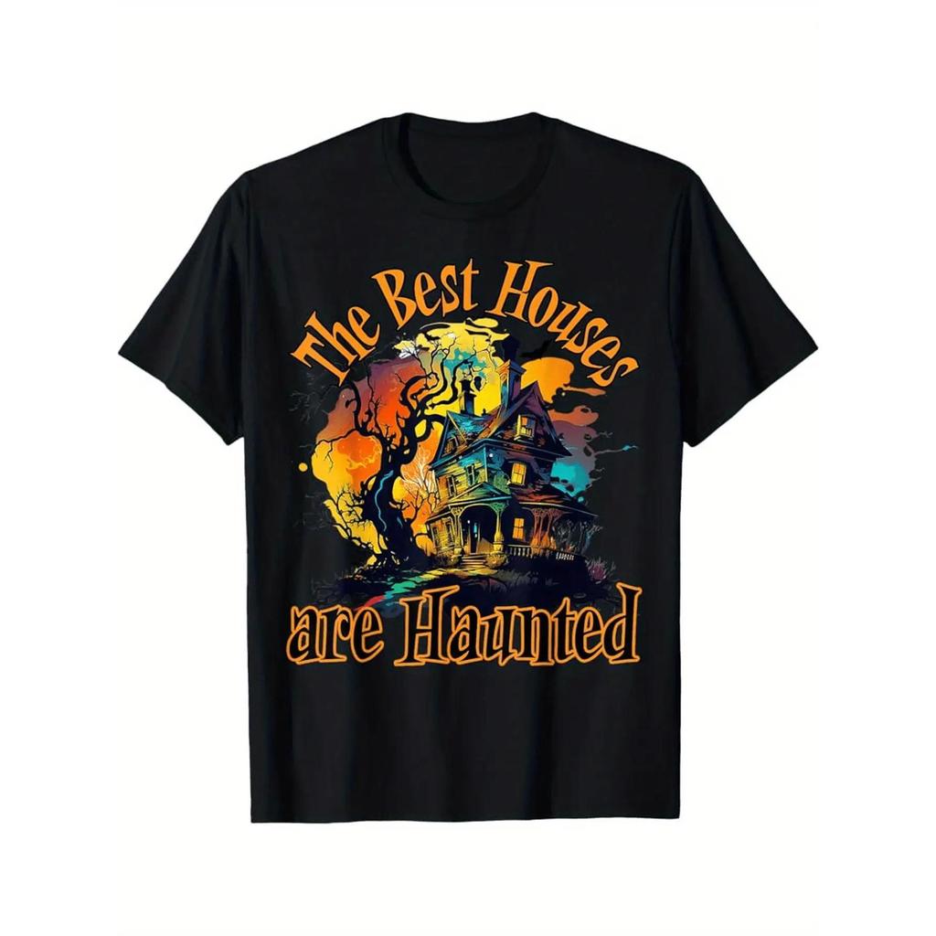 T-shirt de Homem Pesado 100% Gótico Horror - 'As Melhores Casas Est?o Assombradas'; Apresentando um Design de Casa Assom