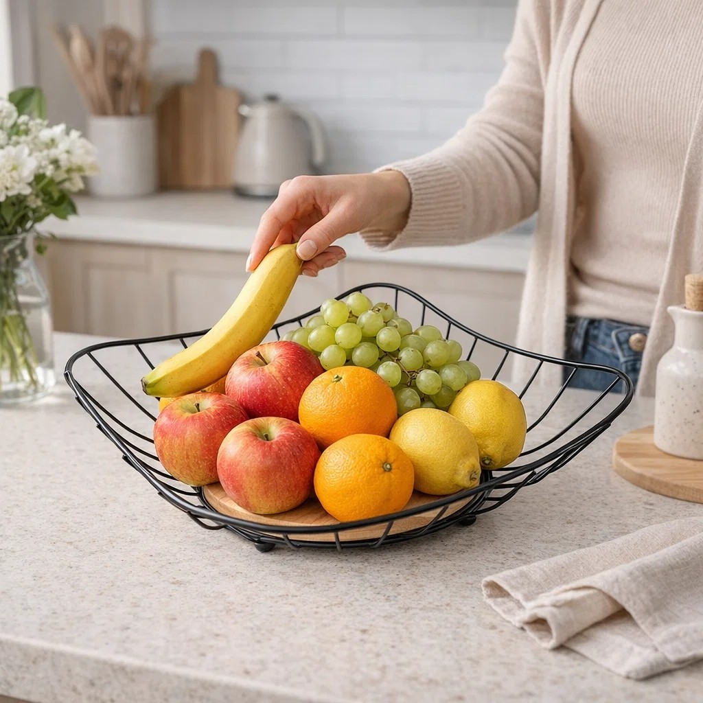 Fruteira Quadrada Aramada Ecowood 25 cm Fruta Mesa Conserva Banana Suporte Recipiente