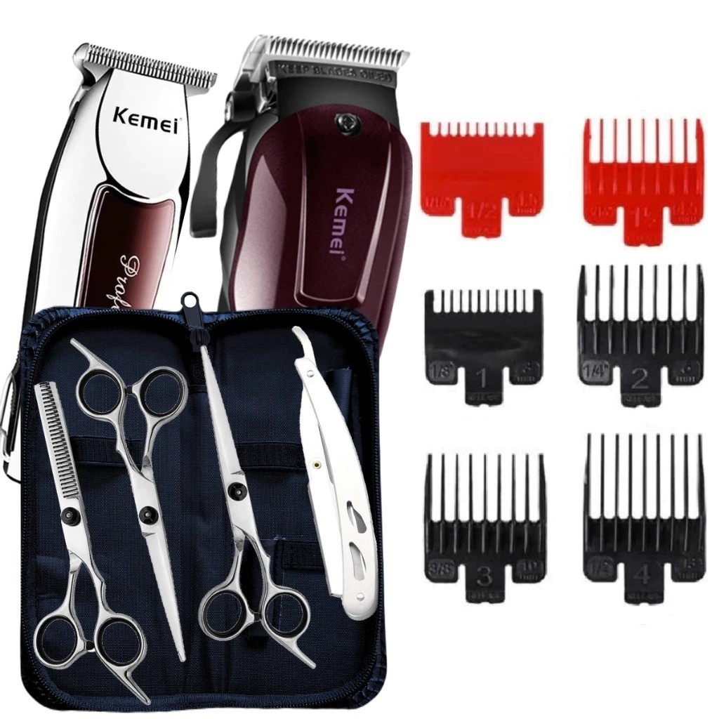 KitMaquinas de Cortar Cabelo + Kit Tesouras Profissionais Para Barbeiro Tesoura Fio Navalha  Maquins KM2600 KM032