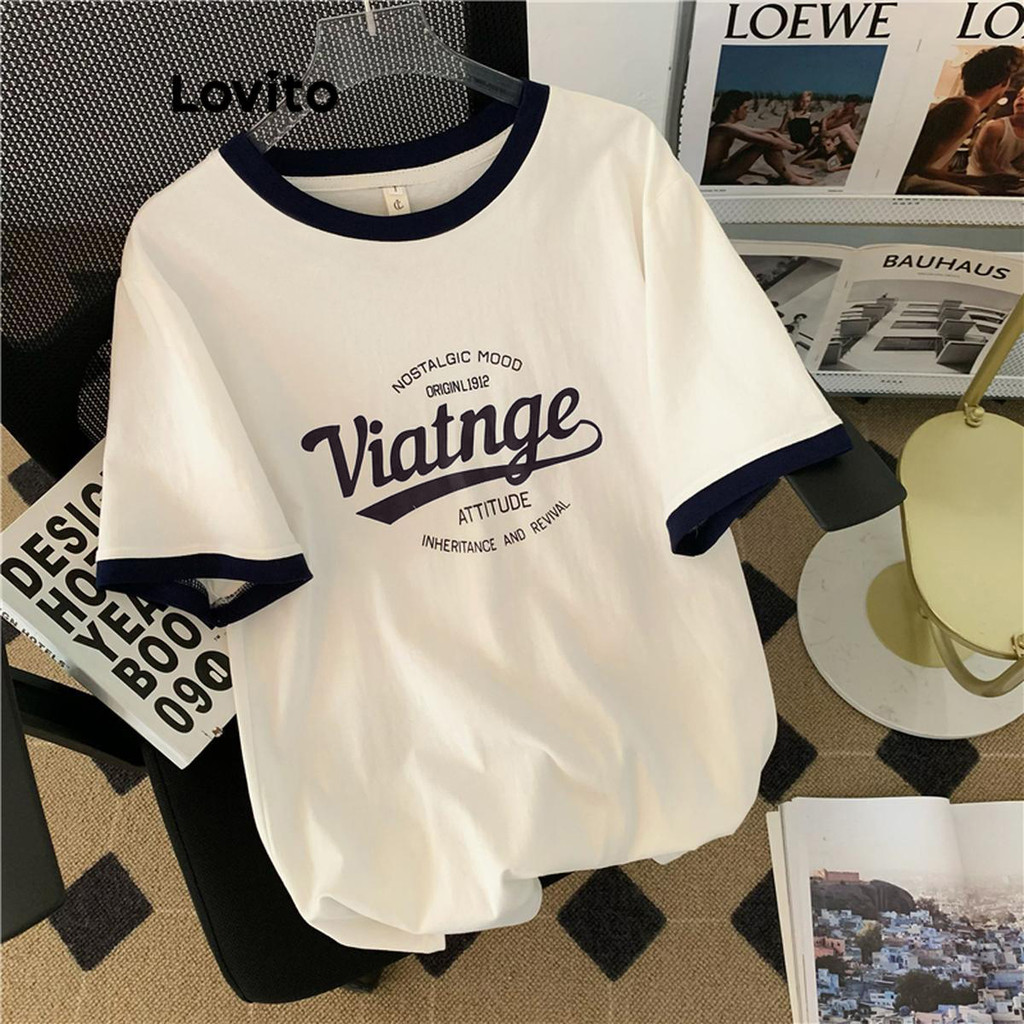 Lovito Camiseta Casual Com Estampa De Letras E Contraste Para Mulheres LNE48106 em Oferta na Shopee