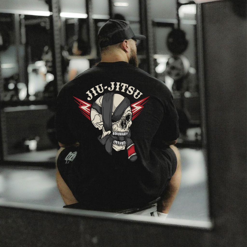 Camiseta Oversized Algodão Masculina Academia Jiu Jitsu Caveira Faixa Preta