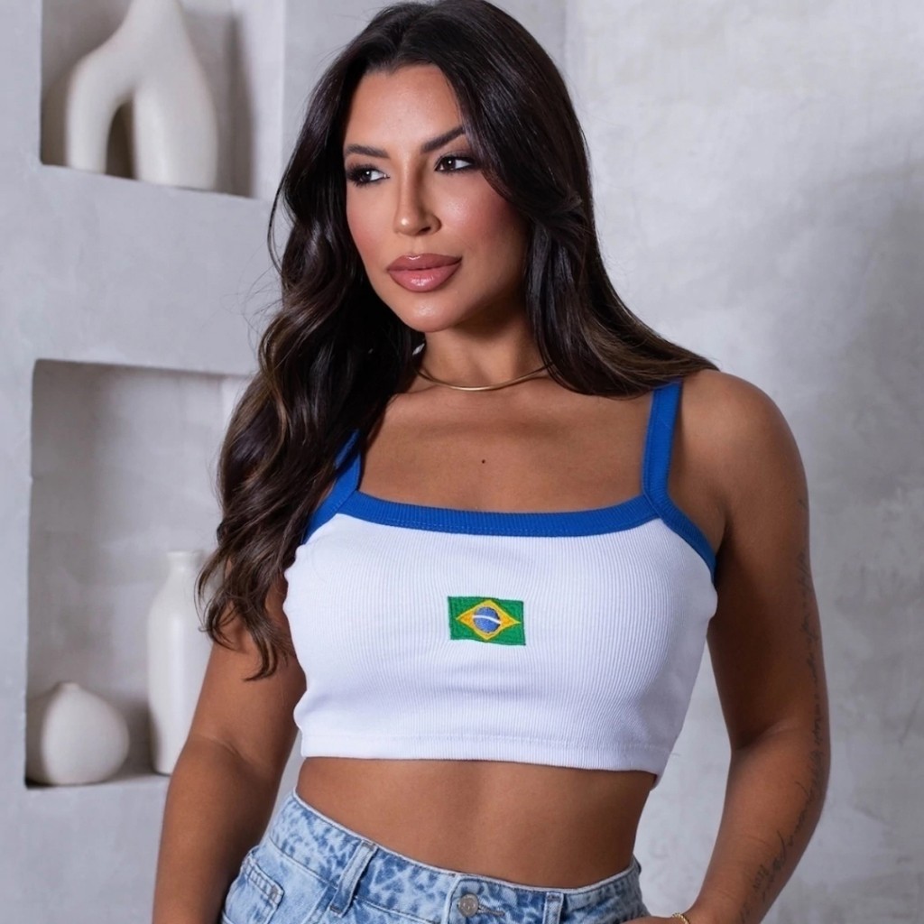 Cropped top Brasil Feminina em Ribana com Bandeira Bordado Seleção Brasileira