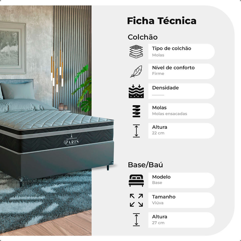 Cama Box Viúva Couro Preto + Colchão Paris Molas Cores · foto 2