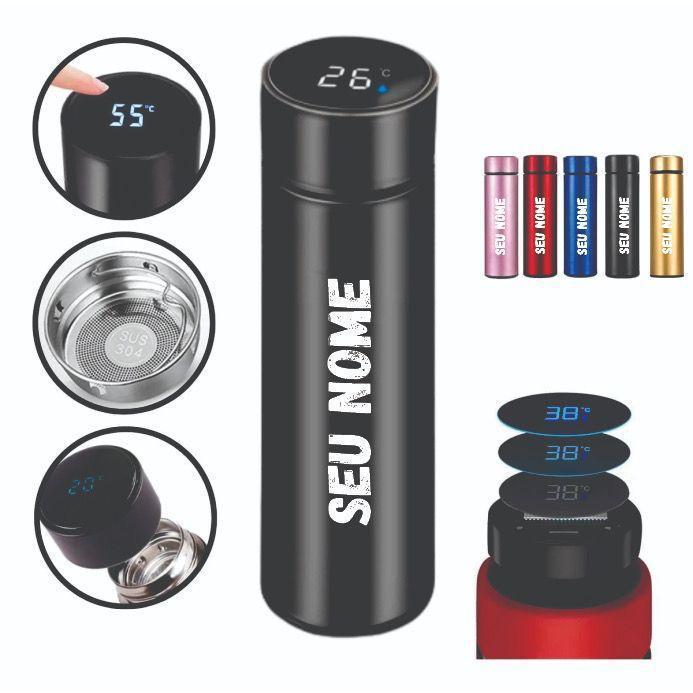Garrafa Térmica Personalizada Nome Time Profissão a Laser Inteligente com Visor de LED Marcador de Temperatura 500ml