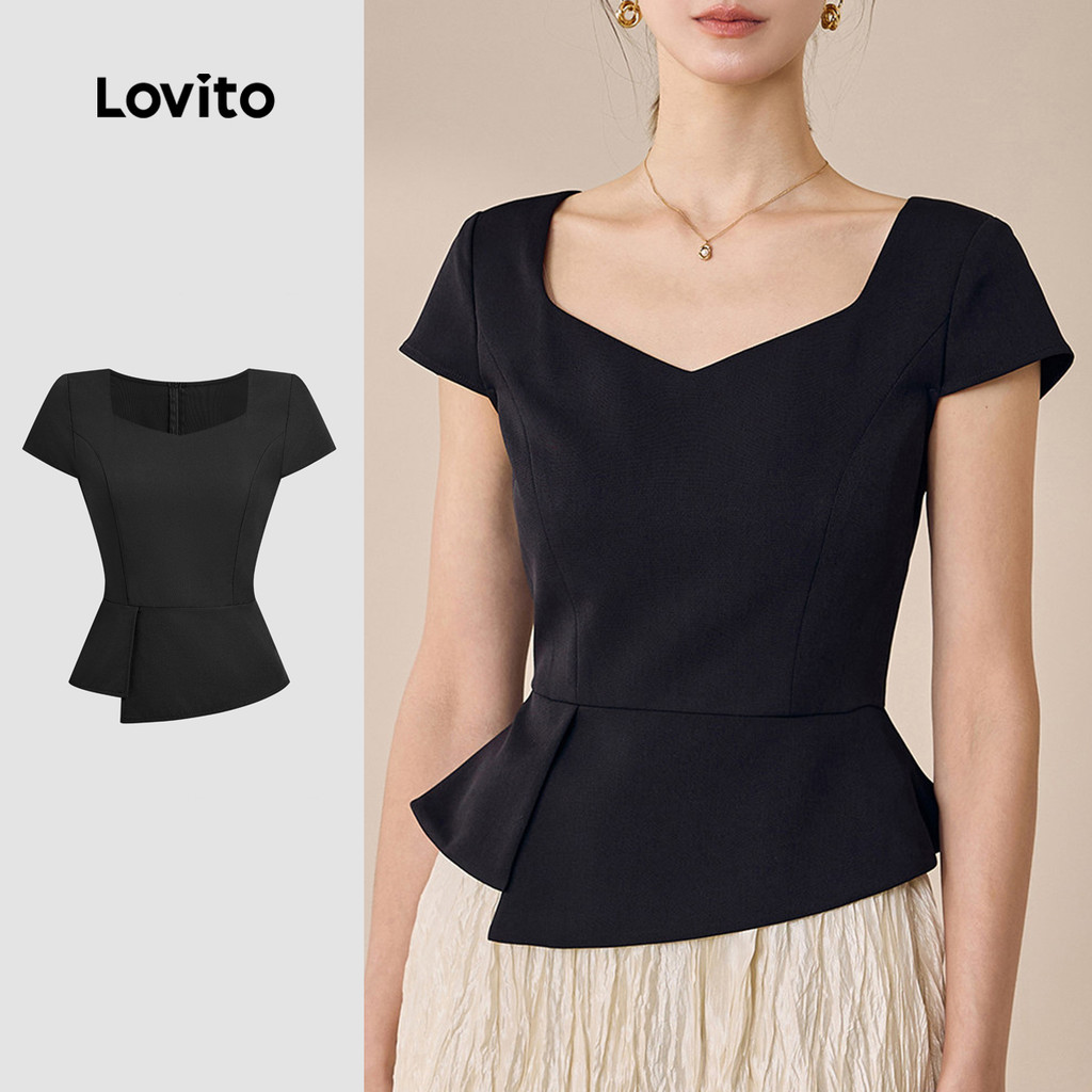 Lovito Blusa Elegante Linha Assimétrica Preta para Mulheres L171AD079 em Oferta na Shopee