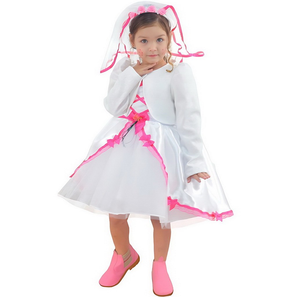 Vestido Noivinha Festa Junina Branco e Rosa com Véu + Bolero