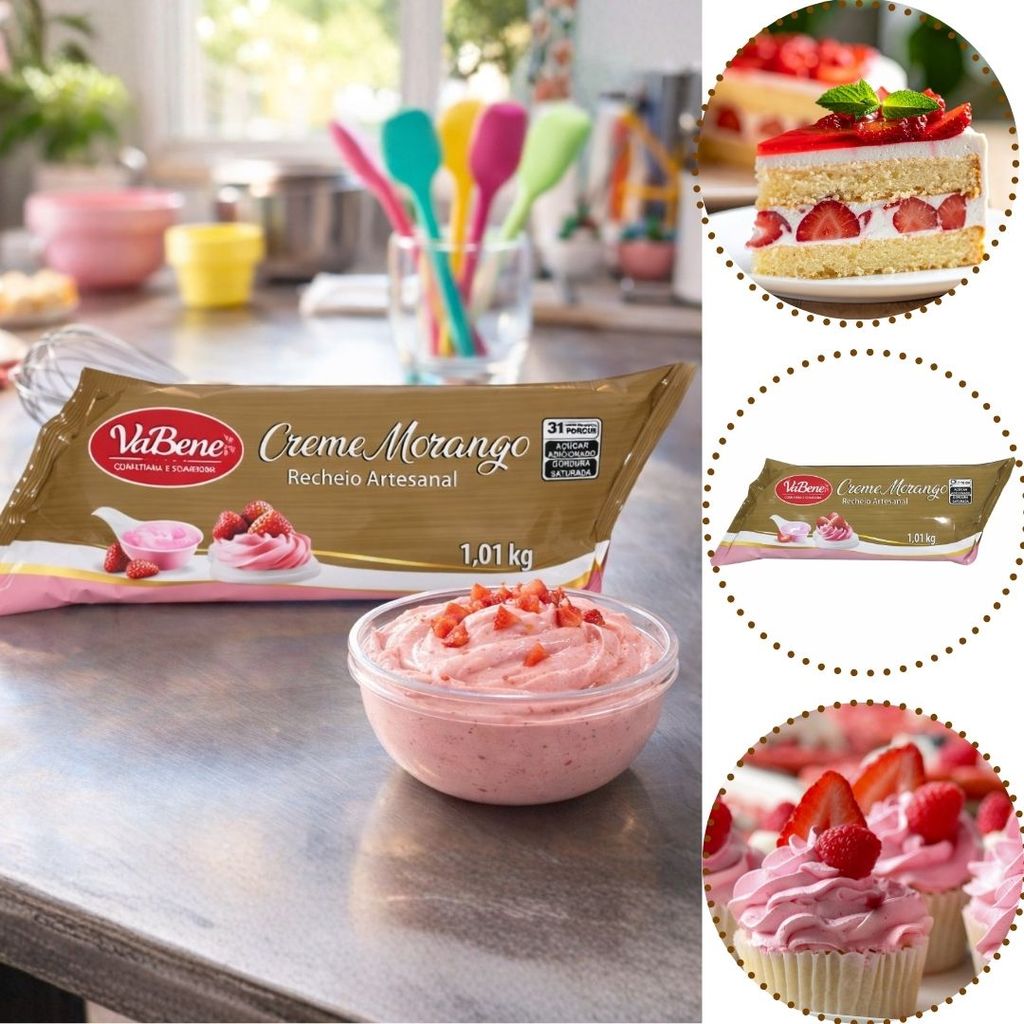 RECHEIO ARTESANAL CREME MORANGO 1,01KG VABENE em Oferta na Shopee