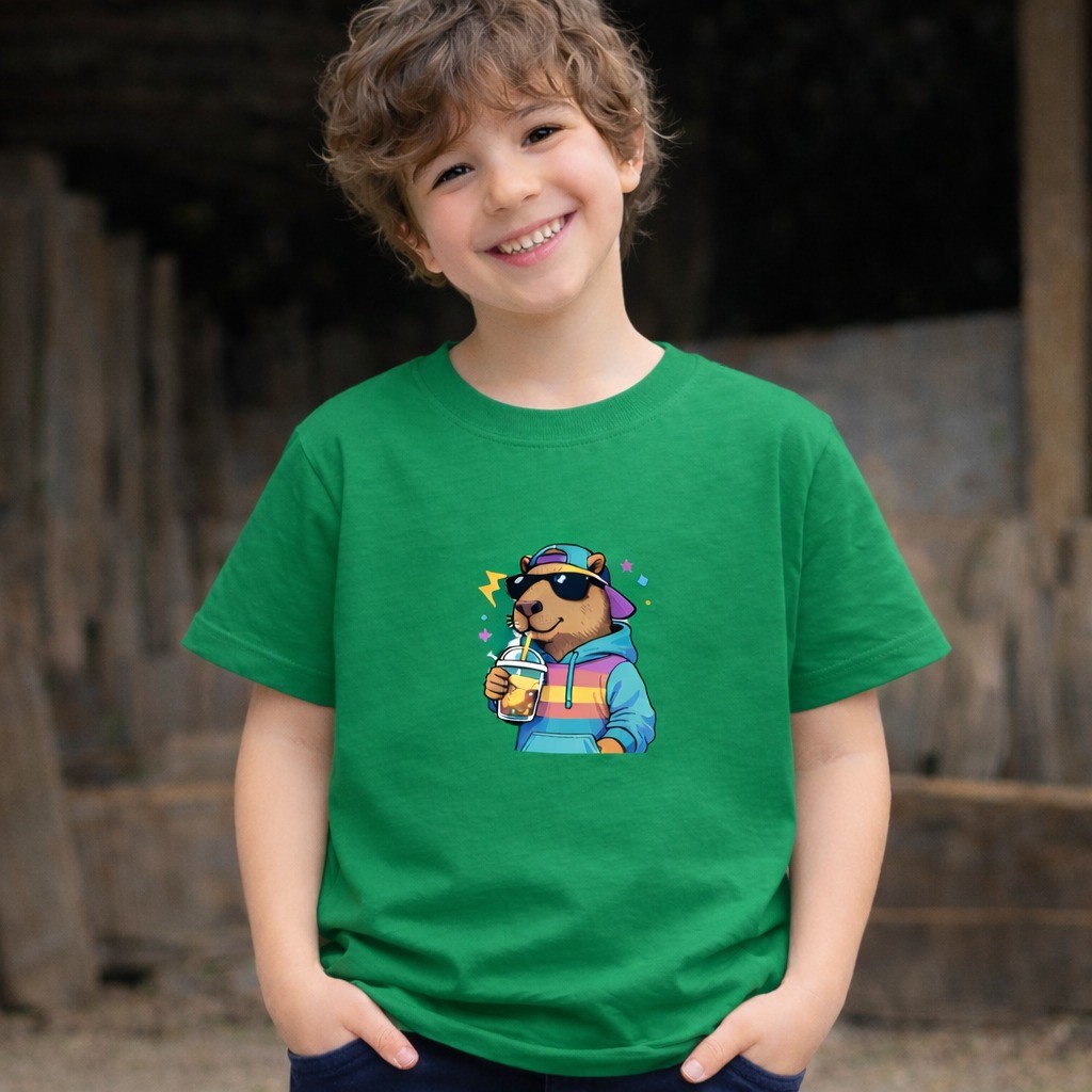 Camiseta Infantil Personalizada Desenho Capivara Estampada Verde Divertida Confortavel Personalizada