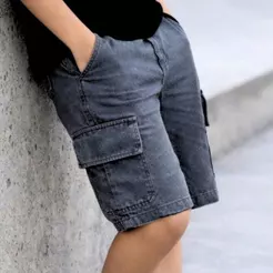 Bermuda Jeans Cargo Masculina Infantil Juvenil Com Bolsos Elastano