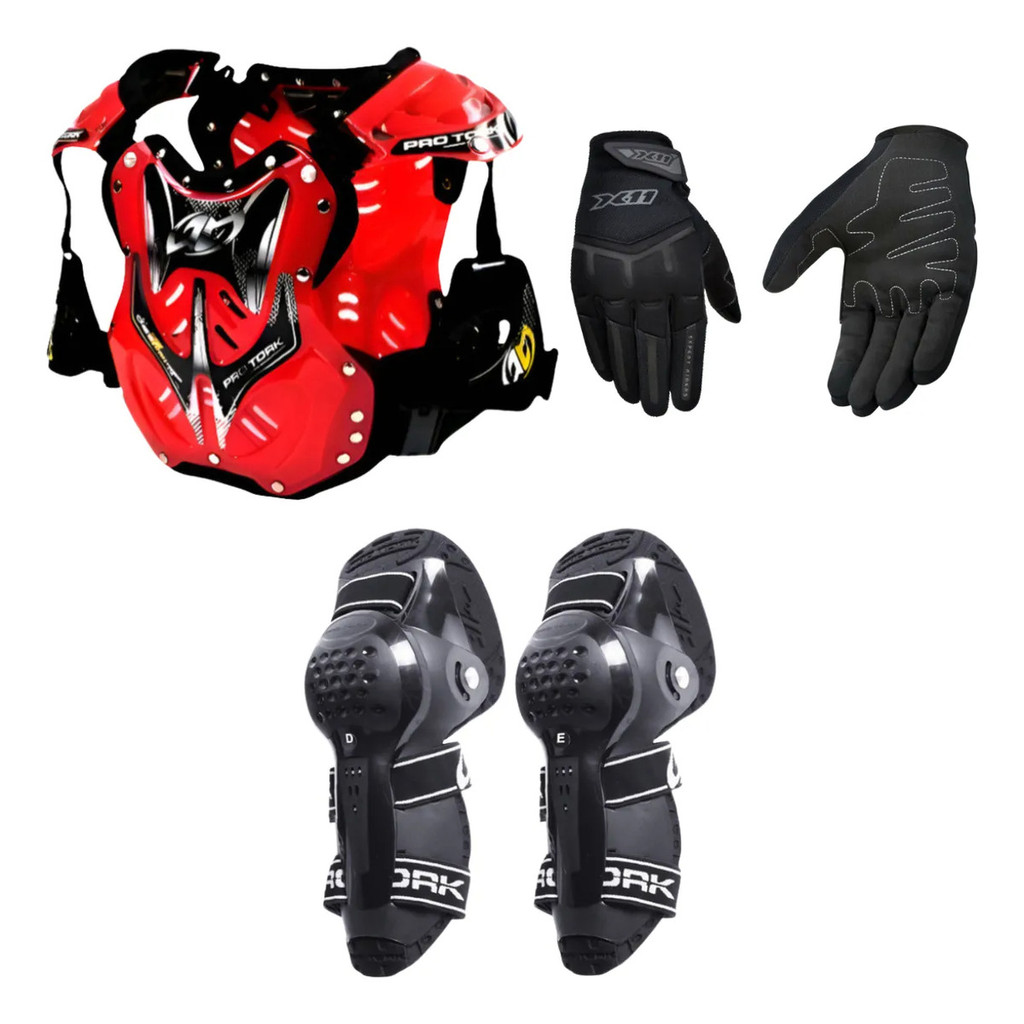 Kit Colete Joelheira Articulada Luva X11 Motocross Trilha Adulto