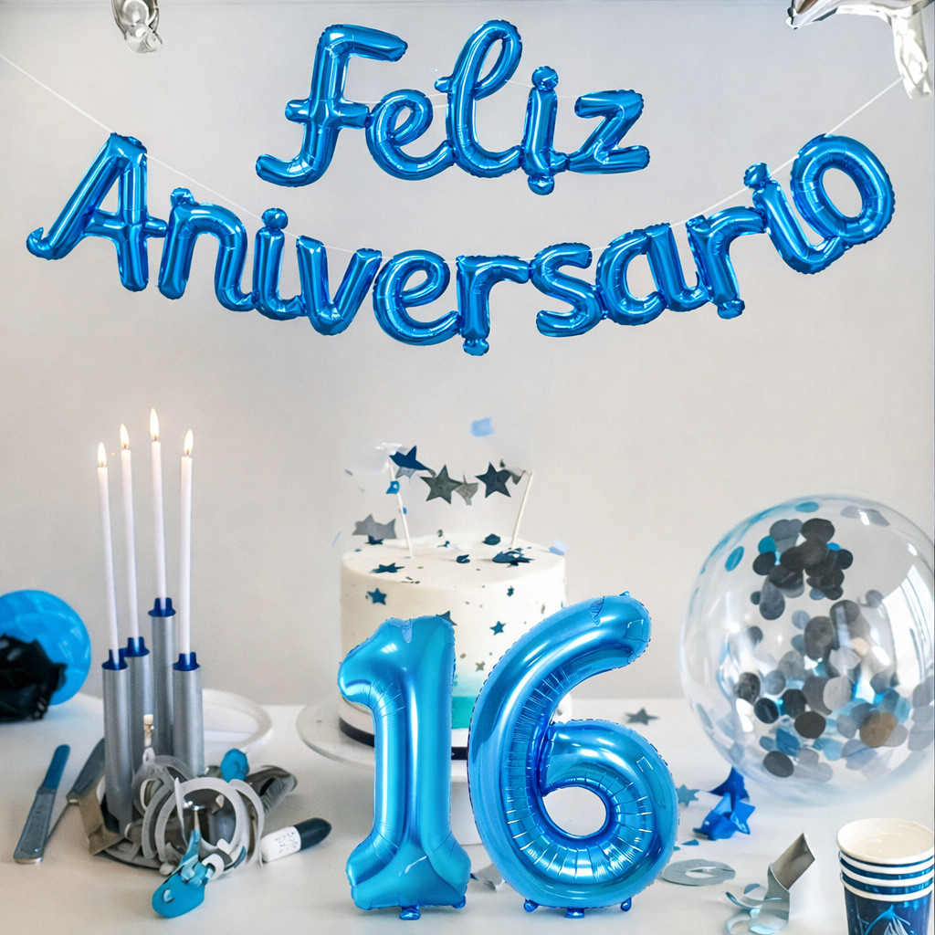 Kit Balão Metalizado Faixa Azul "Feliz Aniversário"+ 2 Uni De Balao Números 16POL 40 CM Azul — imagem 2 de 2