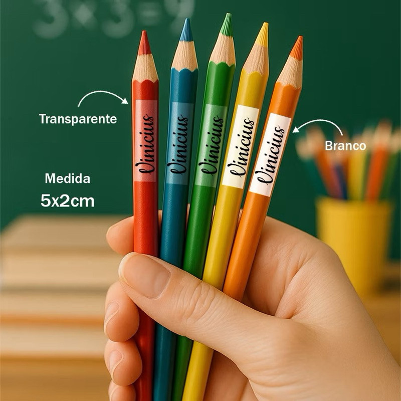 KIT com 50/100/150/200 Etiquetas Escolares Personalizadas para Lápis e Cadernos - Branco ou Transparente