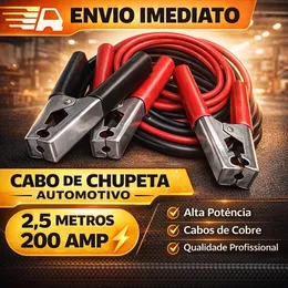Cabo Chupeta 200A Reforçado 2,5m Bateria Carro Caminhonete