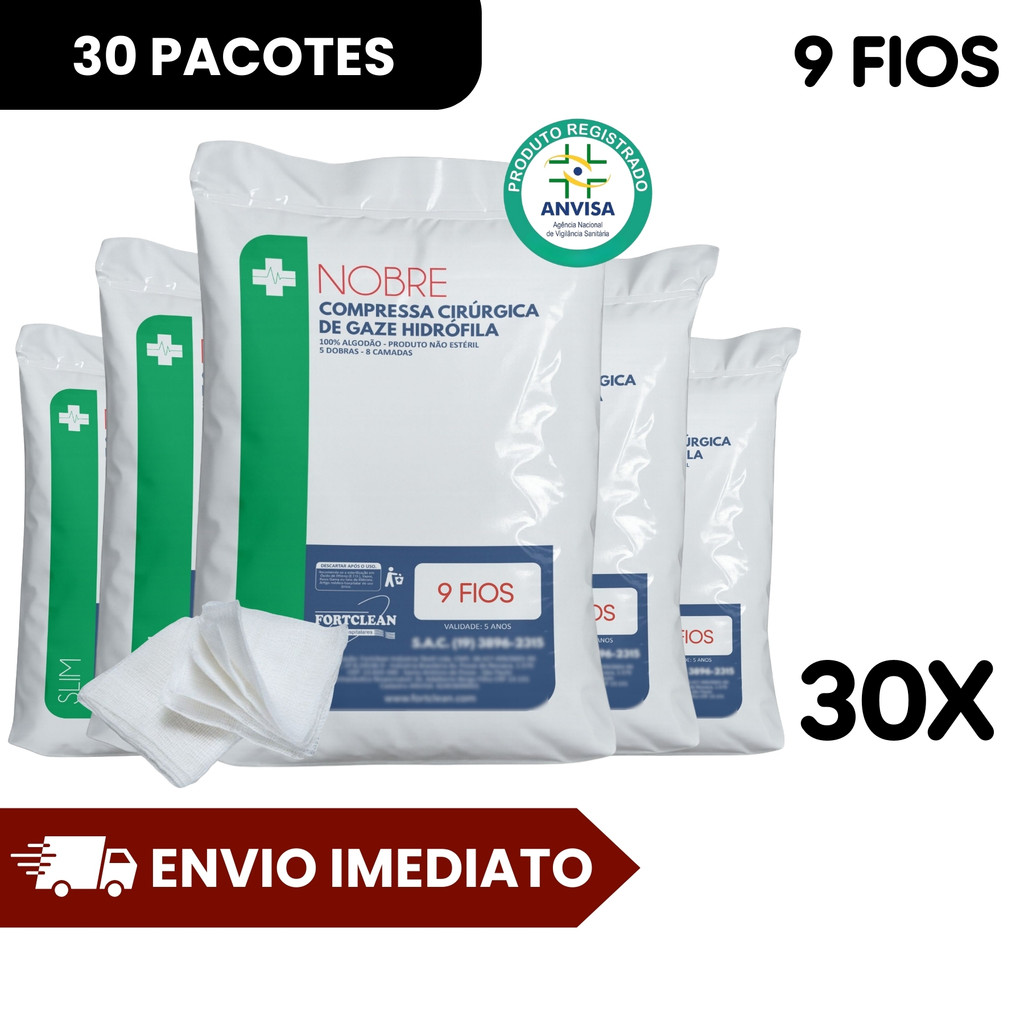 30 Pacote Gaze 9 Fios c/ 180g de Gazes Kit Compressas Gase Cirúrgica Curativo Nobre Slim Não Estéril