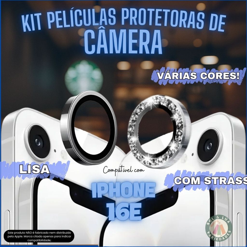 Película de Câmera compatível com Iphone 16e Lisa Strass Diamante Brilho