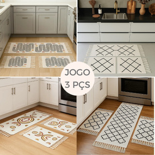 Kit 3 Tapetes Desenhos Cozinha Algodão Geométrico Moderno com Passadeira e Tapetes Latera…