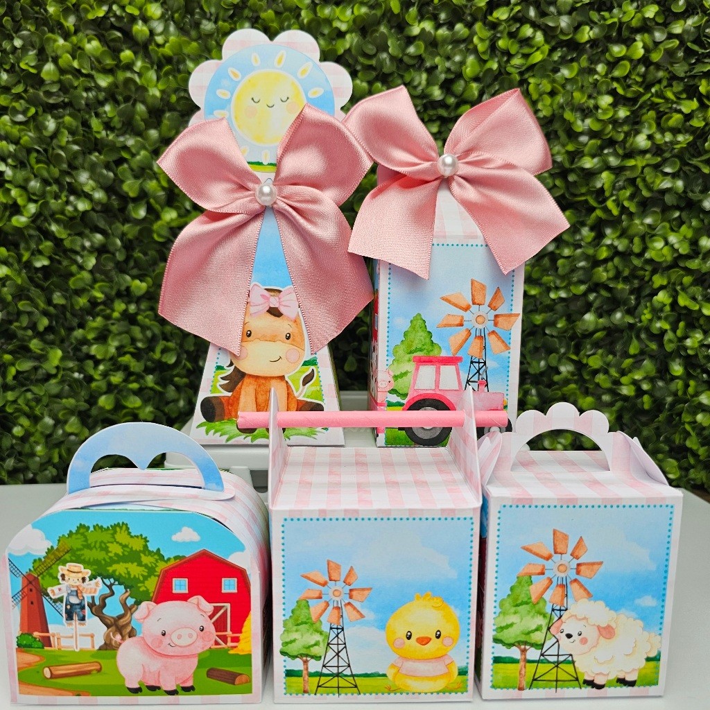 Kit Caixa Montada FAZENDINHA ROSA - Personalizados - Festa infantil - Aniversário - Lembrancinha