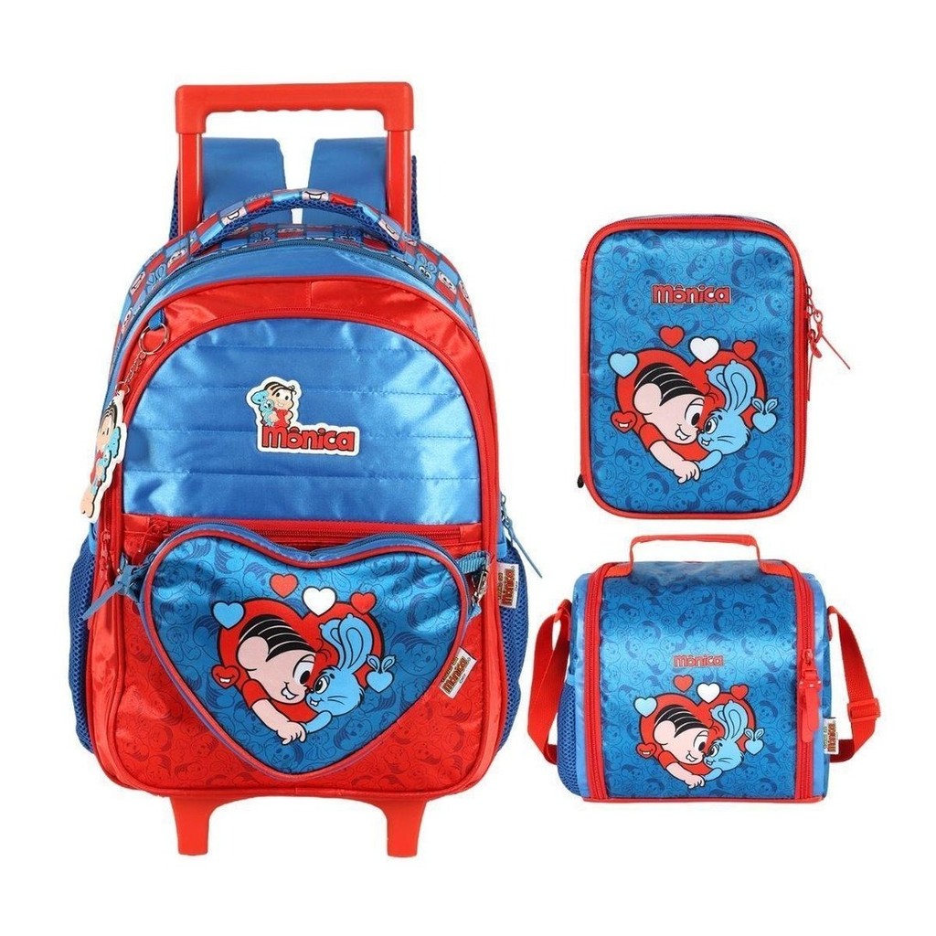 Kit Mochila Escolar de Carrinho Infantil + Lancheira + Estojo Mônica Magali