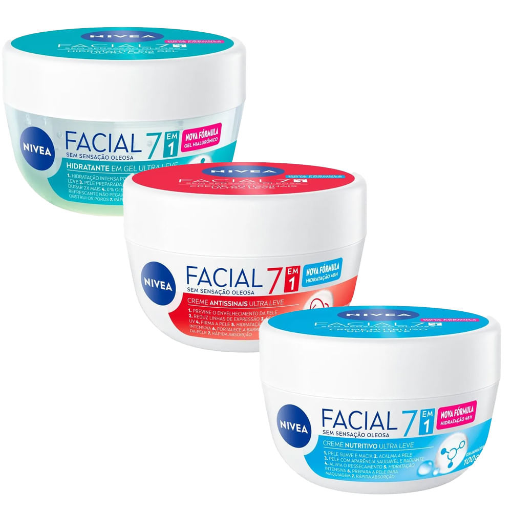 Kit Creme Facial Antissinais +  Creme Facial Cuidado Nutritivo + Creme Facial Ácido Hialurônico Nivea 100g em Oferta na Shopee