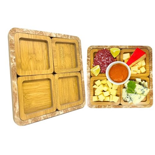 Conjunto Petisqueira Quadrada Madeira Kit 4 Peças Bandeja Aperitivo Resistente Decorativa