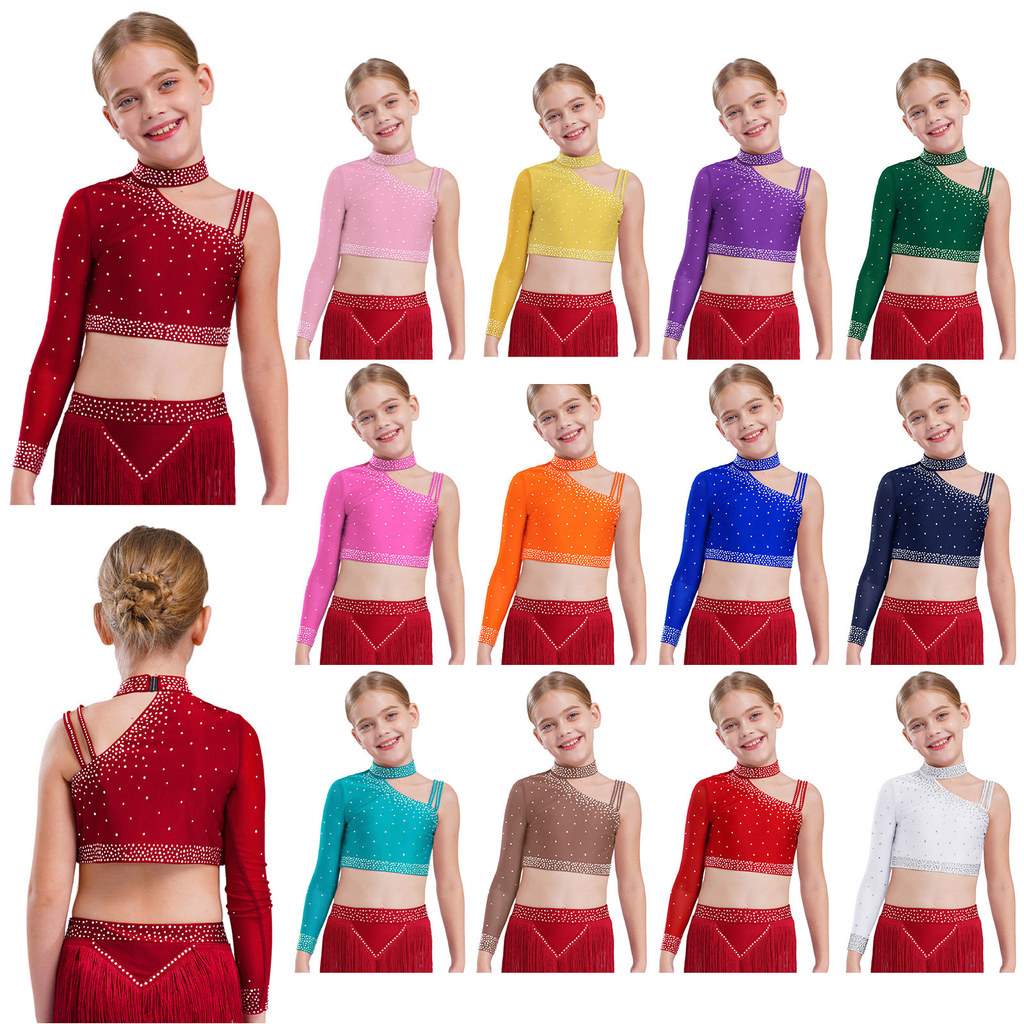 inhzoy Kids Girls Sparkly Rhinestones Dance Tops Unique Irregular Shoulder Crop Top Stage Performance Costume