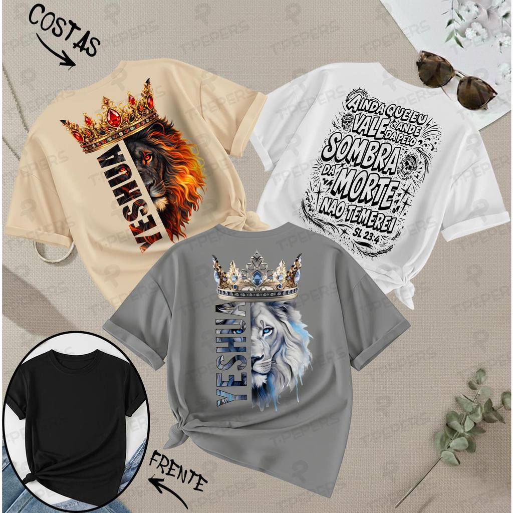 Detalhes do Kit 3 Camisetas Cristã Yeshua Leão Salmo 23:4 Camisa Premium 100% Algodão