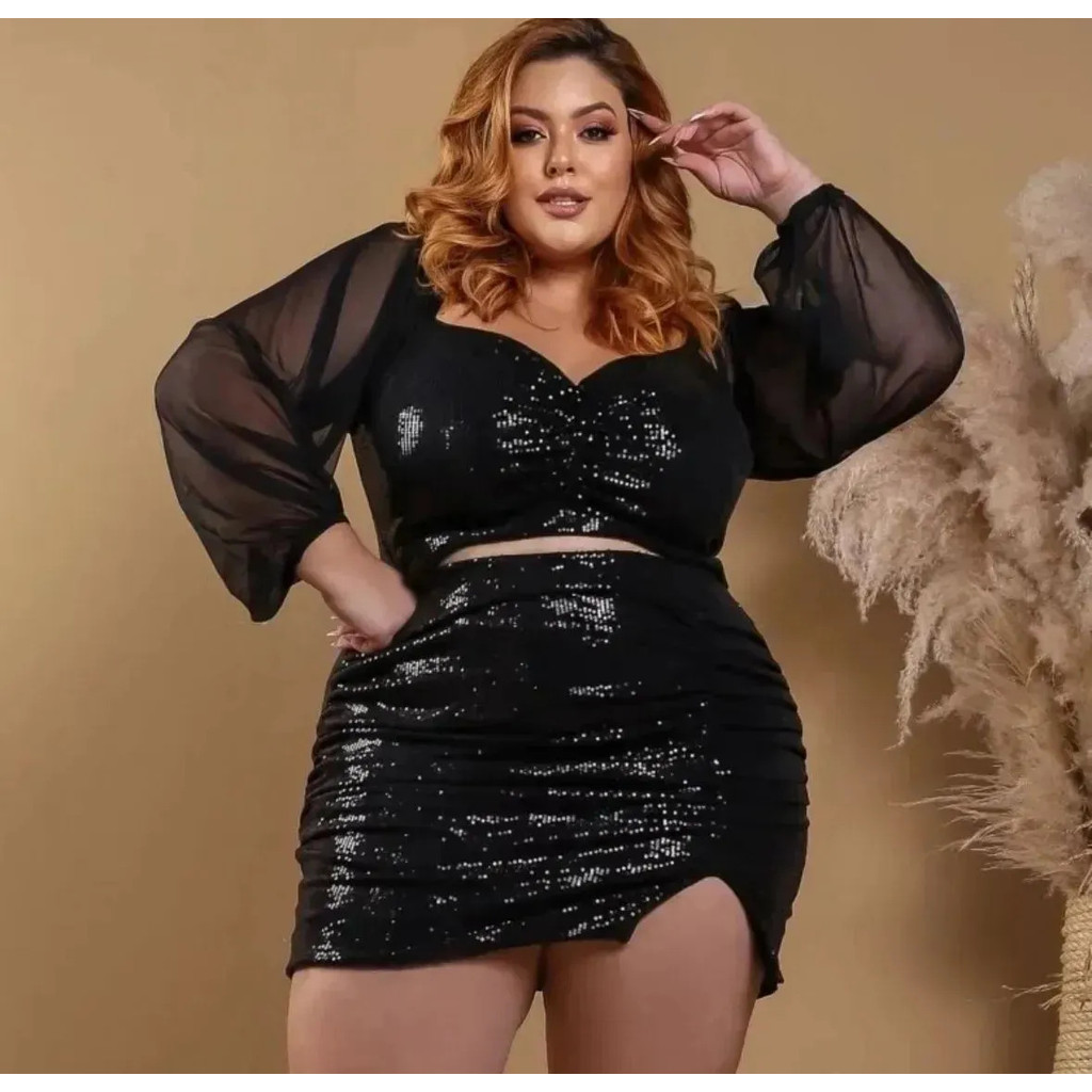 Conj Paetê Plus Size Saia Cropped Manga Longa Tule Princesa