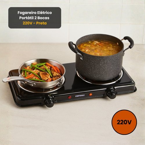 Fogareiro Eletrico Portatil 2 Bocas Compacto 220v Preto Cozinha Camping
