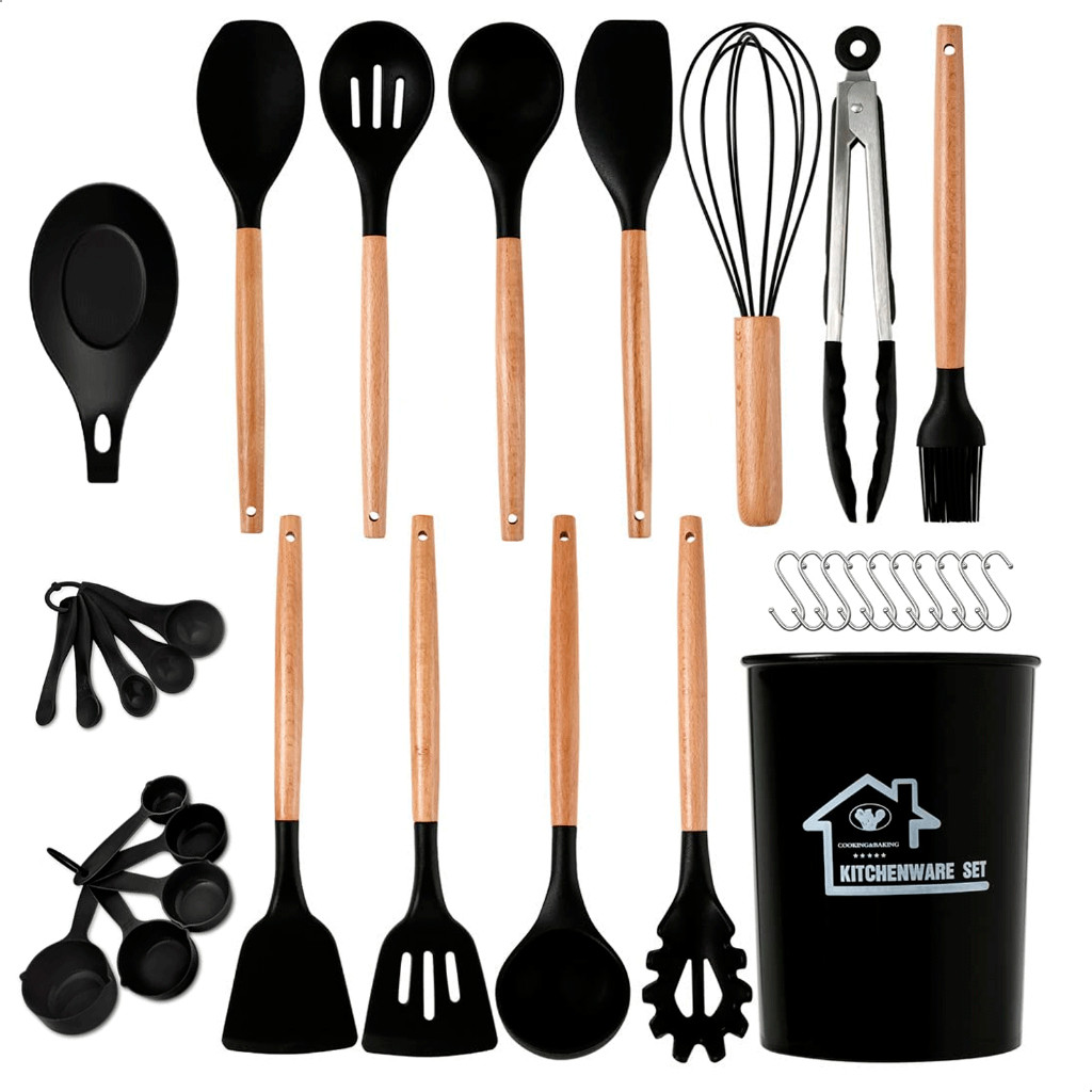 Kit Cozinha Silicone 13 Peças Completo Cabo Madeira Resistente ao Calor Antiaderente