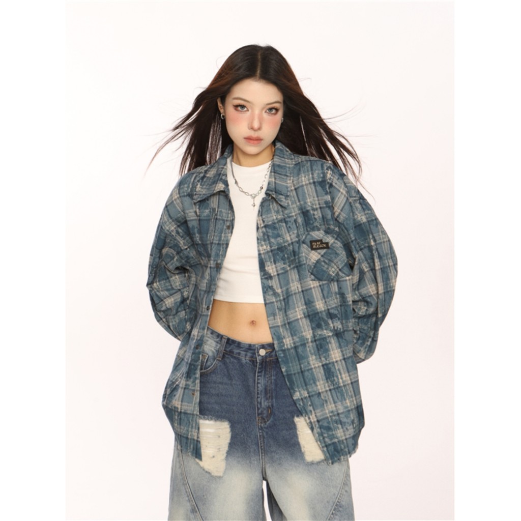 Americano Retro rua mancha destruição desgastado camisa xadrez das mulheres dos homens outono novo estilo street Wear ca