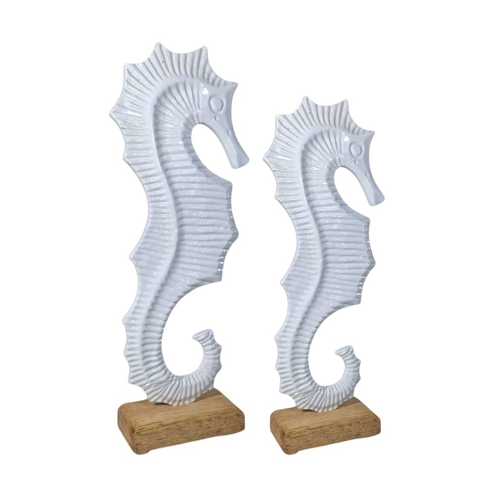 Conjunto Esculturas Cavalo Marinho Branco 21cm 26cm Metal Madeira Decoração Praia Veleiro Cruzeiro