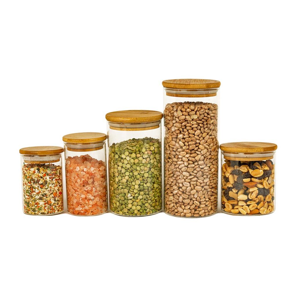 Potes de Vidro P/ Mantimentos C/ Tampa Bambu Oikos - 5 Pçs em Oferta na Shopee
