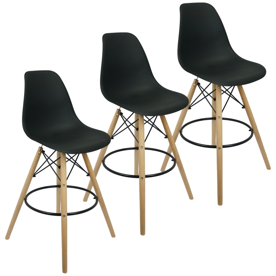 Kit 3 Banquetas Charles Eames Eiffel Wood Design Base Fixa Madeira