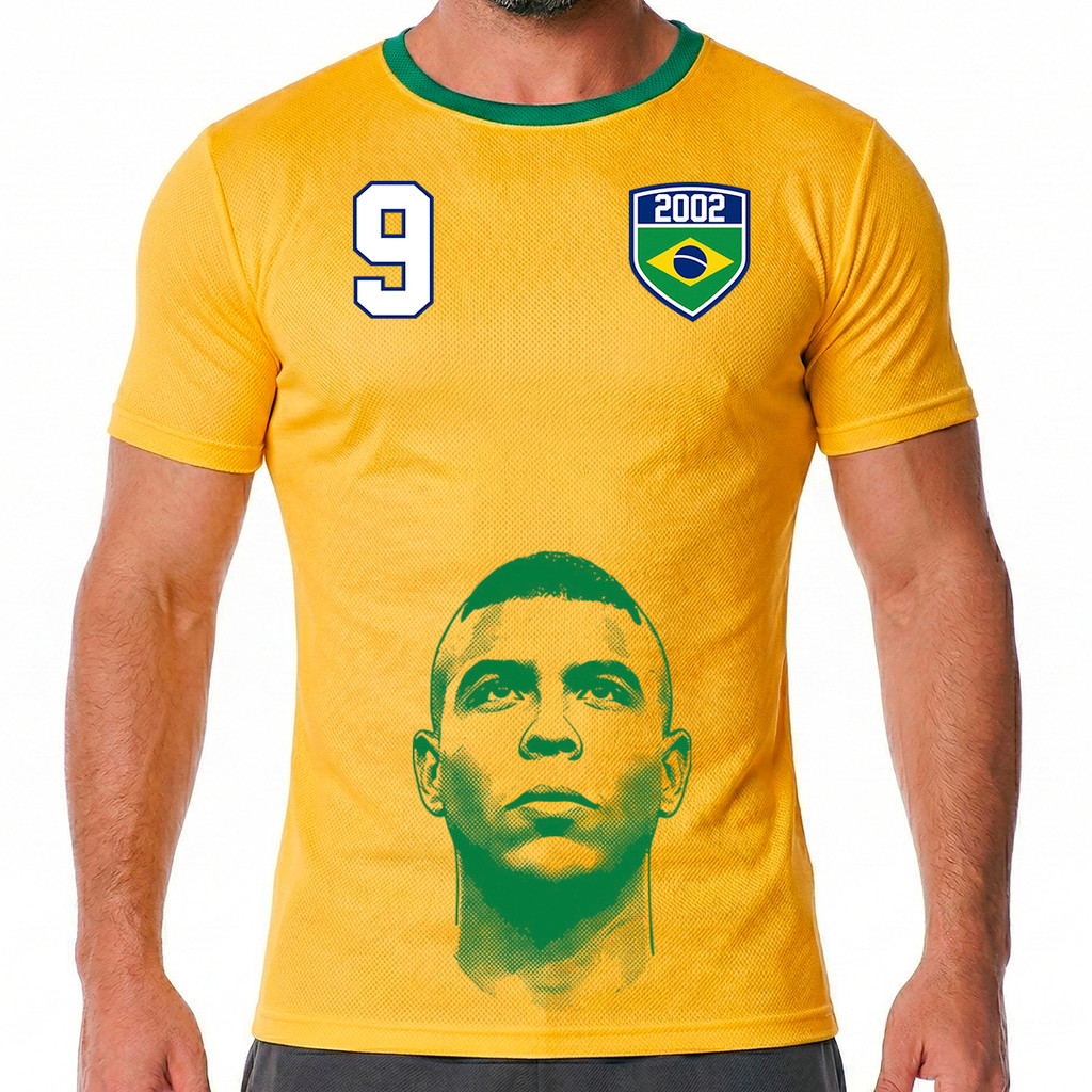 Camiseta Retrô Masculina Brasil Futebol Copa Do Mundo 2002 Dry Fit Proteção UV 50+ Impressão Digital