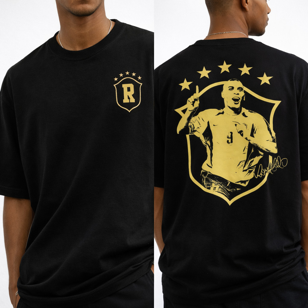 Camiseta Oversized Ronaldo Fenômeno Brasil Copa Mundo Hexa Camisa Preta Streetwear Masculina Estampa Gold Frente Costas