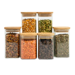 Kit 6 potes de vidro tampa de bambu herméticos quadrados - Tüd