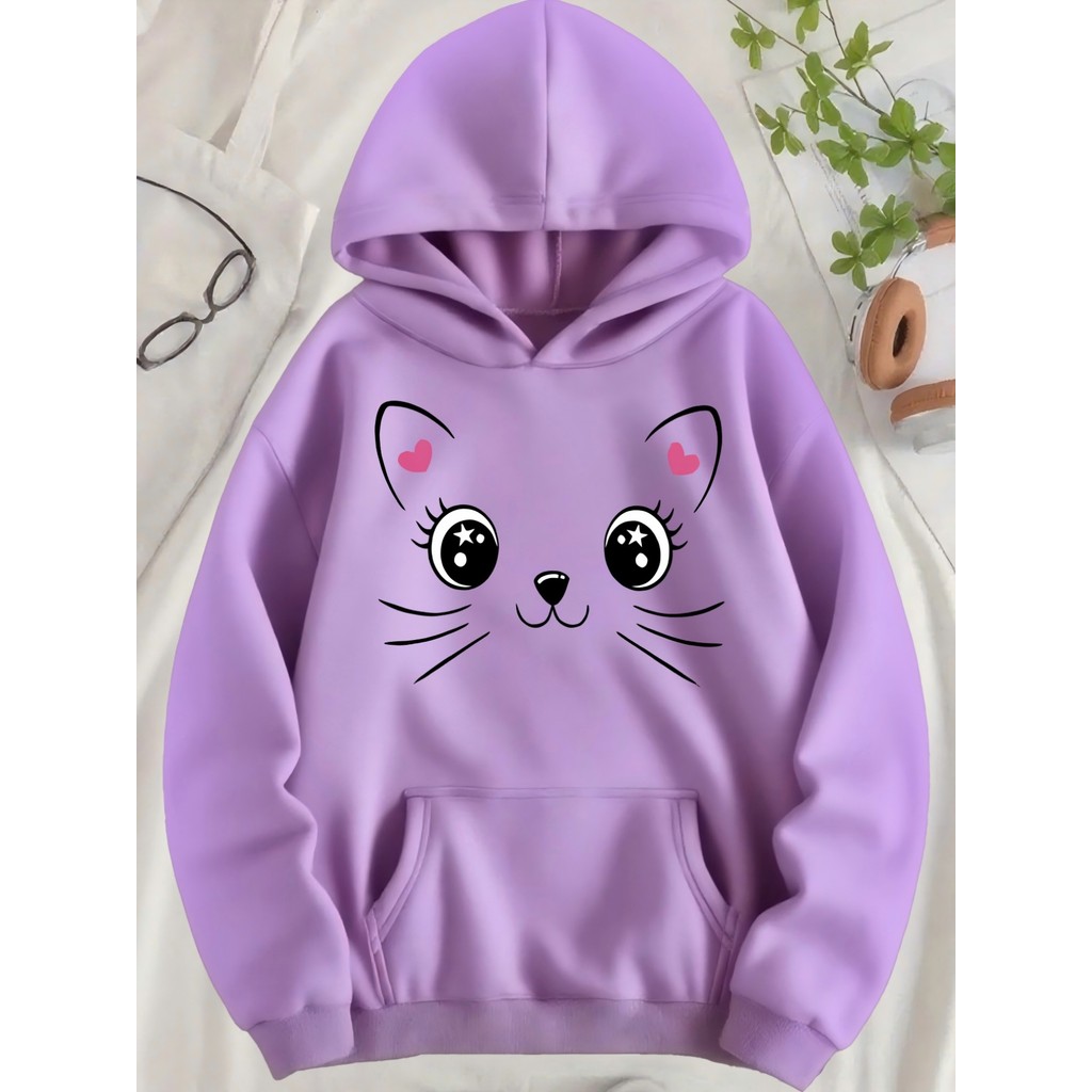 Blusa de Frio Casaco com Capuz Feminino de Bolso Gato Fofo com Detalhes de Coração Rosa Lançamento Envio Rápido