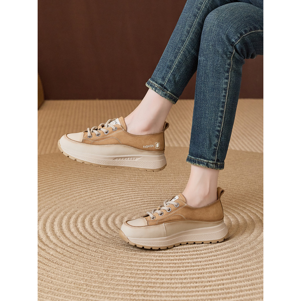 Gumeite primeira camada de couro Retro sapatos casuais feminino 2026 novo estilo couro genuíno sola grossa rendas confor