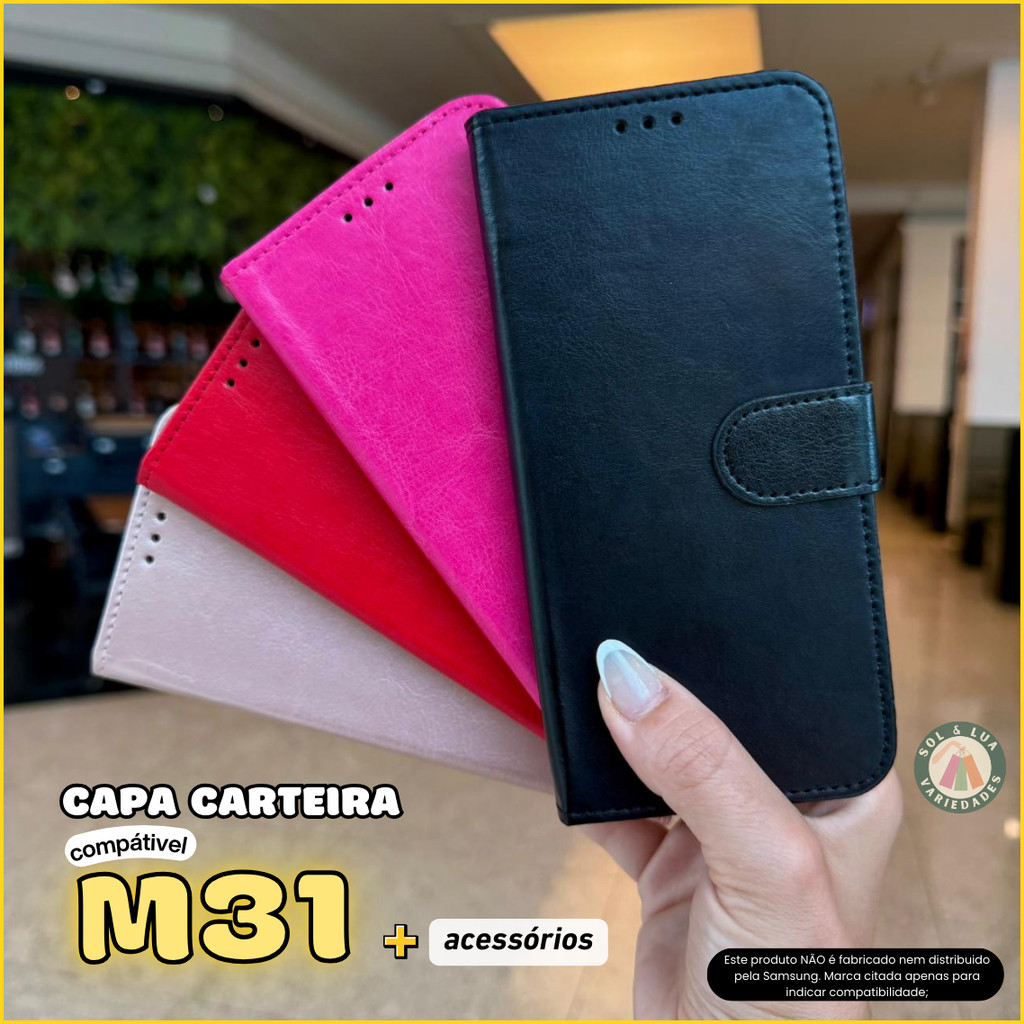 Capa Carteira Para M31 Couro Sintético + Película 3D Cerâmica Privacidade Privativa Câmera em Oferta na Shopee