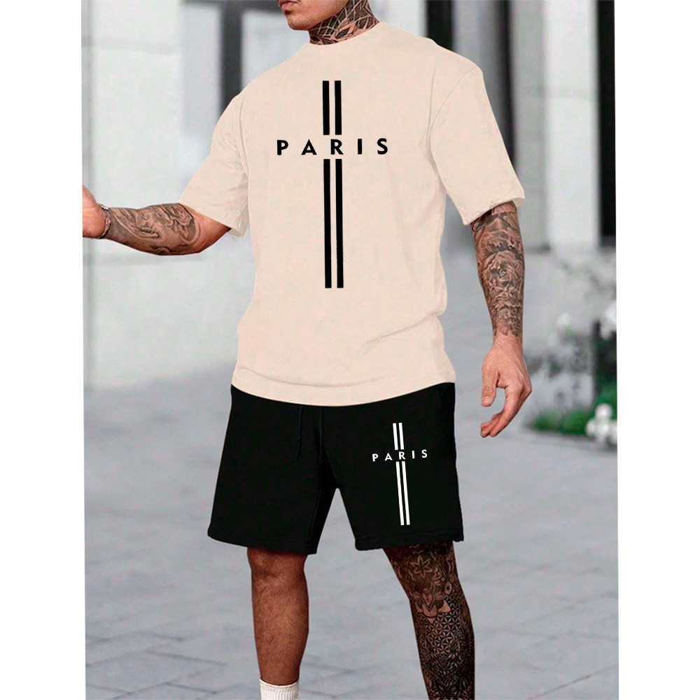 Conjunto Kit Camiseta E Bermuda Masculina Tactel Paris Duas Faixas Lançamento Envio Imediato