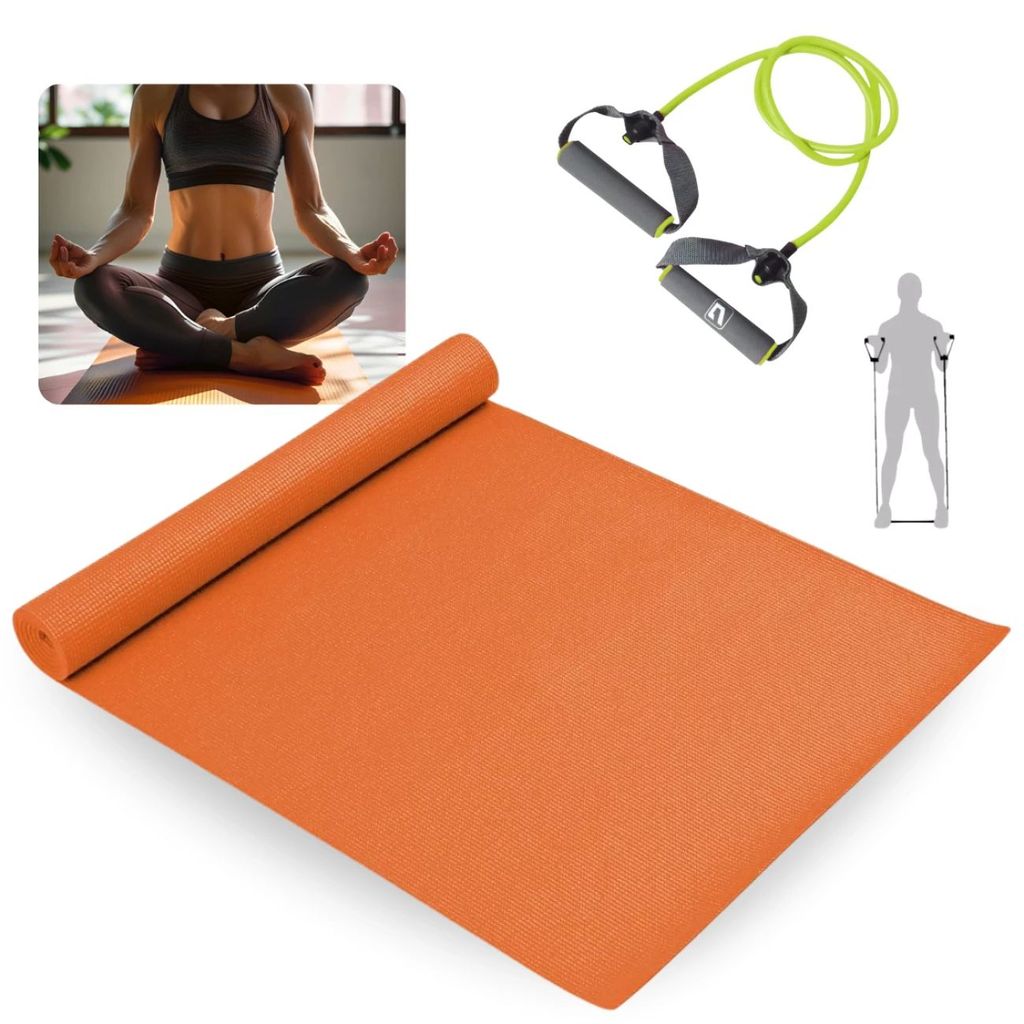 Kit Colchonete Tapete Yoga Pilates Laranja 1,73m + Extensor Elastico Tensão Media Treino Exercicio