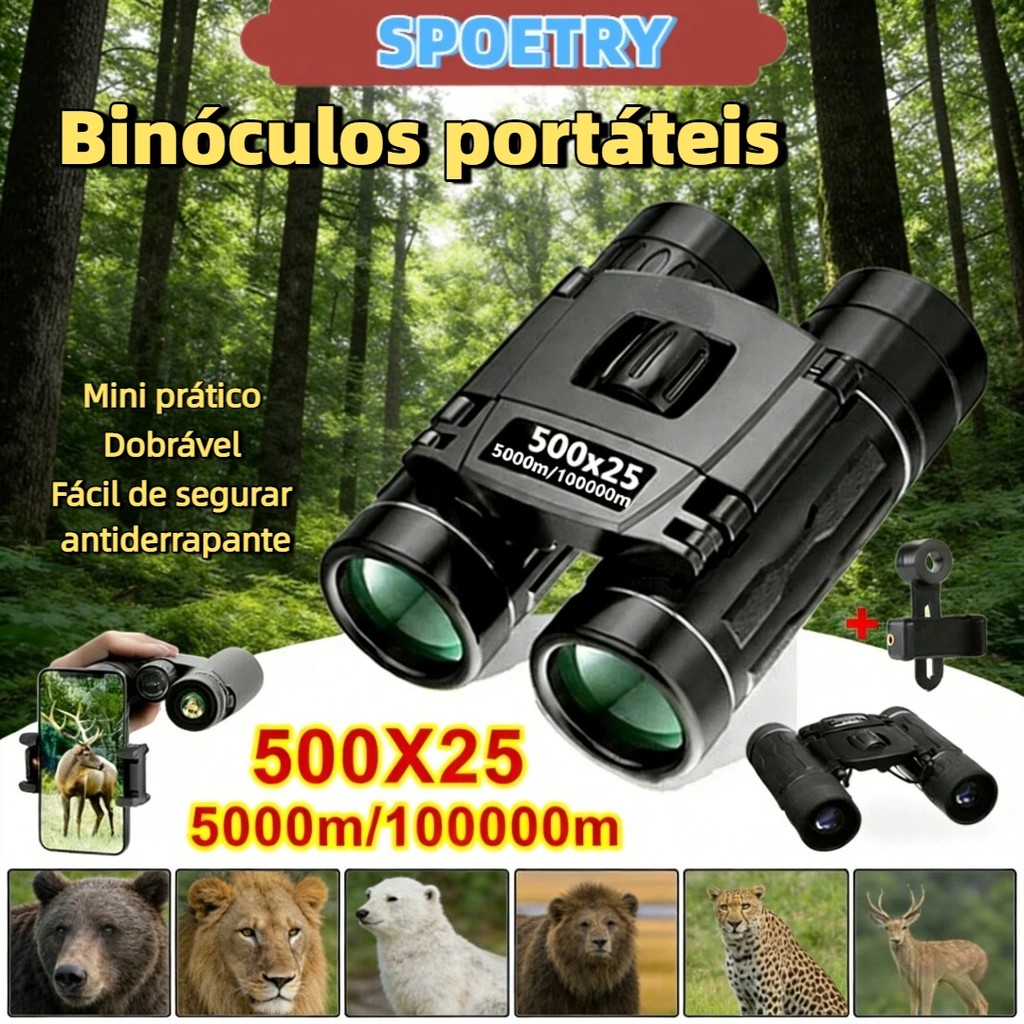 Imagem Binóculos Portáteis Com Zoom HD 500X25 Telescópio Poderoso Dobrável Com Visão De Longa Distância Para Caça Ao Ar Livre