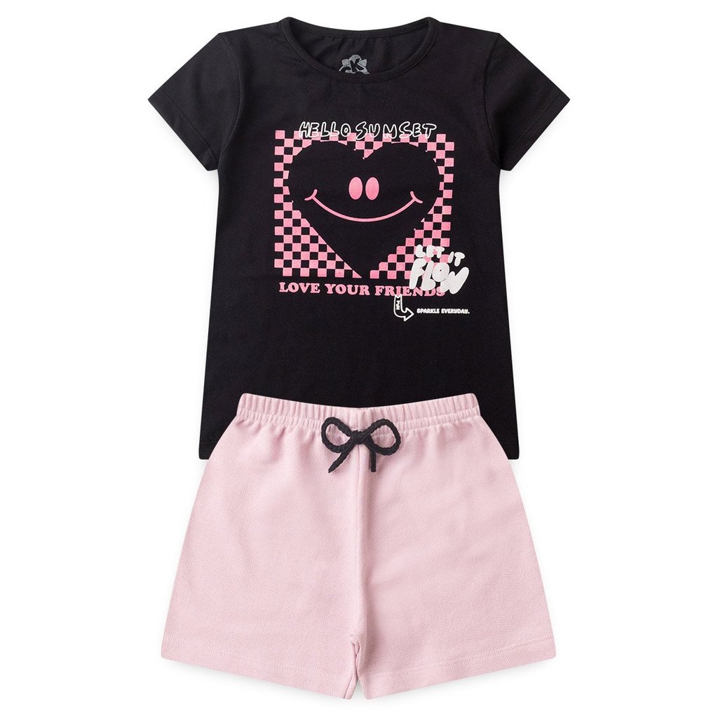 Conjunto Infantil Feminino Verão Blusa Meia Malha 100% Algodão Estampada + Shorts Moletinho  Confortável