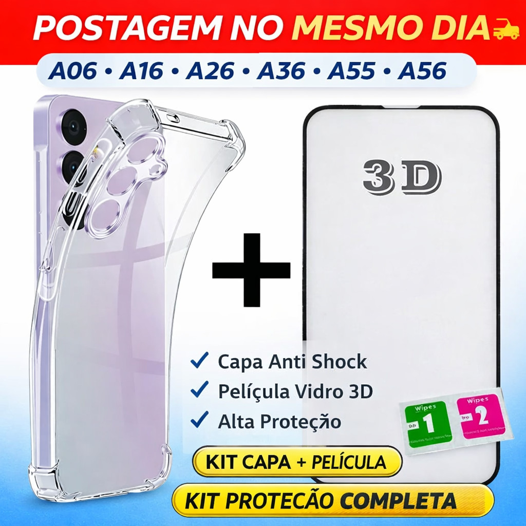 Kit Capa Anti Shock + Película Vidro 3D Samsung A06 A16 A26 A36 A55 A56 Alta Proteção