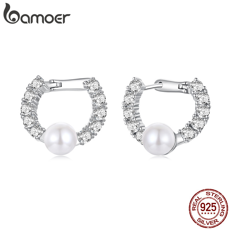 Brincos De Argola De Prata Esterlina 925 Bamoer Deslumbrante Design Perolado Joi